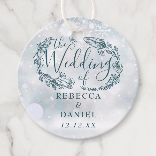 Étiquettes Cadeau Mariage d'hiver aux flocons de neige floraux rusti (Devant)