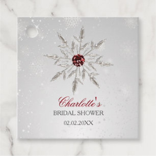 Étiquettes Cadeau Mariage d'hiver Flocons de neige Rouges Argentés