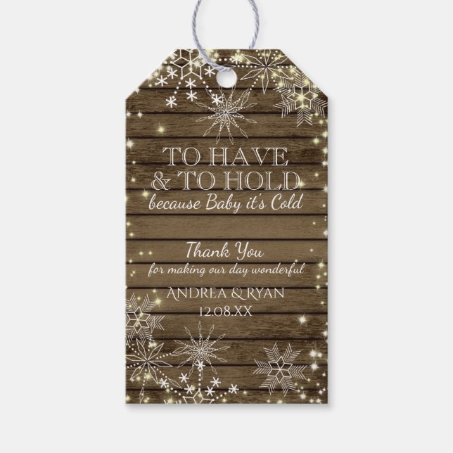 Étiquettes-cadeau Mariage d'hiver Snowflakes et le bois de grange (Devant)