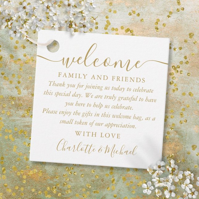 Étiquettes Cadeau Mariage d'or Bienvenue Panier cadeau Merci de sac (Gold Wedding Welcome Gift Basket Bag Thank You Favor Tags)