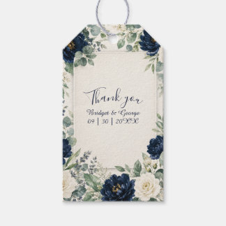 Étiquettes-cadeau Mariage élégant à la rose florale Navy Bordure