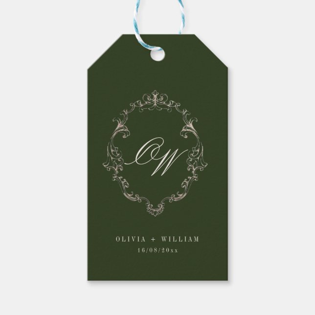 Étiquettes-cadeau Mariage élégant à monogramme vert olive (Devant)