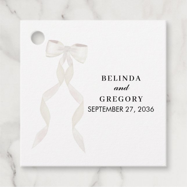 Étiquettes Cadeau Mariage élégant au ruban blanc à la bow (Devant)