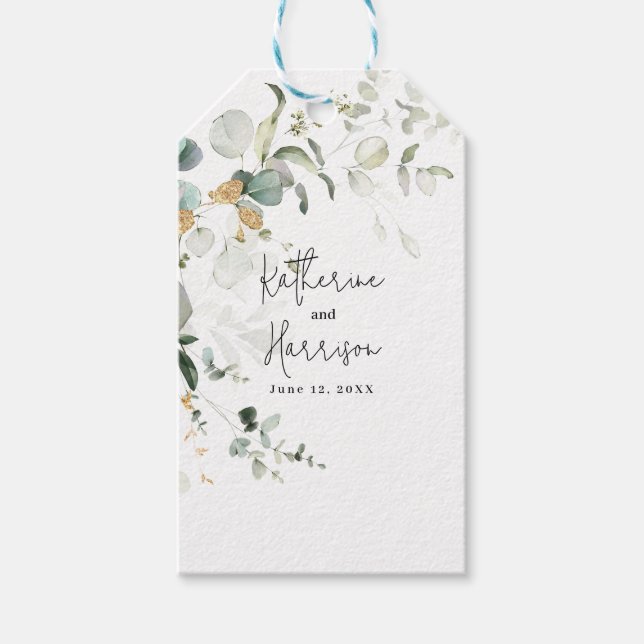 Étiquettes-cadeau Mariage élégant Eucalyptus et verdure dorée   (Devant)