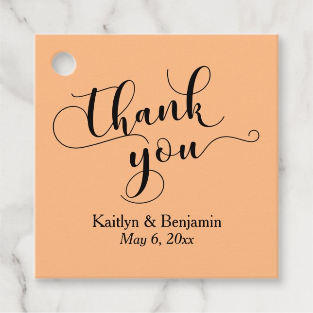 Étiquettes Cadeau Mariage Élégant noir Script Pale Orange Merci (Devant)