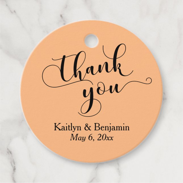 Étiquettes Cadeau Mariage Élégant noir Script Pale Orange Merci (Devant)