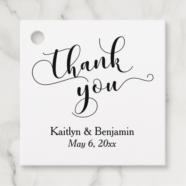 Étiquettes Cadeau Mariage Elegant noir Script sur Merci blanc (Devant)