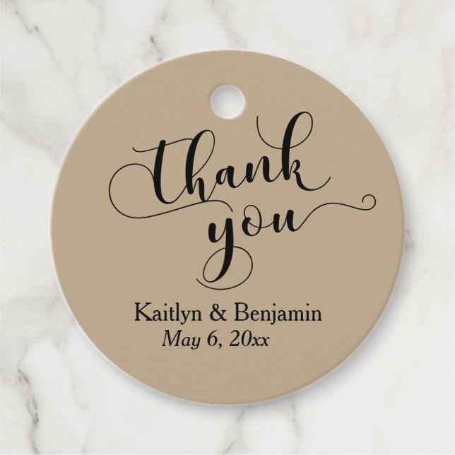 Étiquettes Cadeau Mariage Élégant Script noir, Merci de sable chaud (Devant)