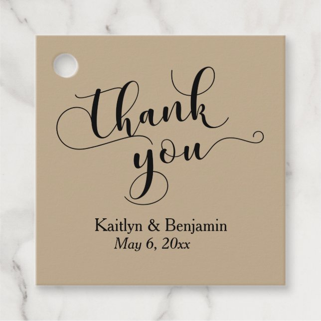 Étiquettes Cadeau Mariage Élégant Script noir, Merci de sable chaud (Devant)