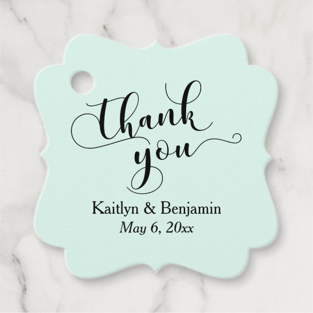 Étiquettes Cadeau Mariage Élégant script noir, Merci vert menthe (Devant)