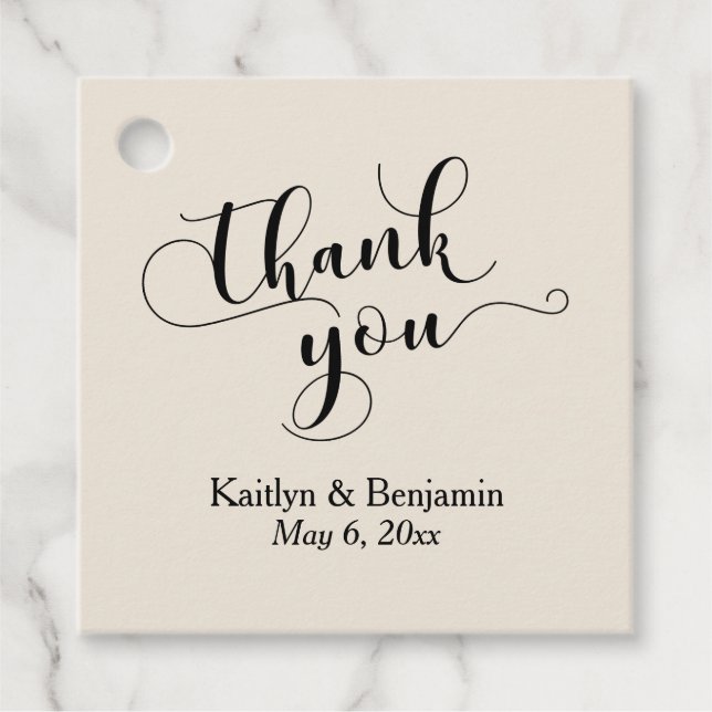 Étiquettes Cadeau Mariage Élégant script noir sur Merci crème (Devant)