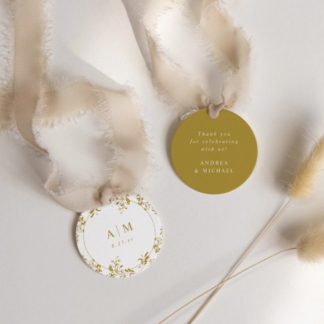 Étiquettes Cadeau Mariage élégant vintage or (Elegant Vintage Gold Wedding Favor Labels - Ornate - Gold Wedding Favor Tags - Circle Round)