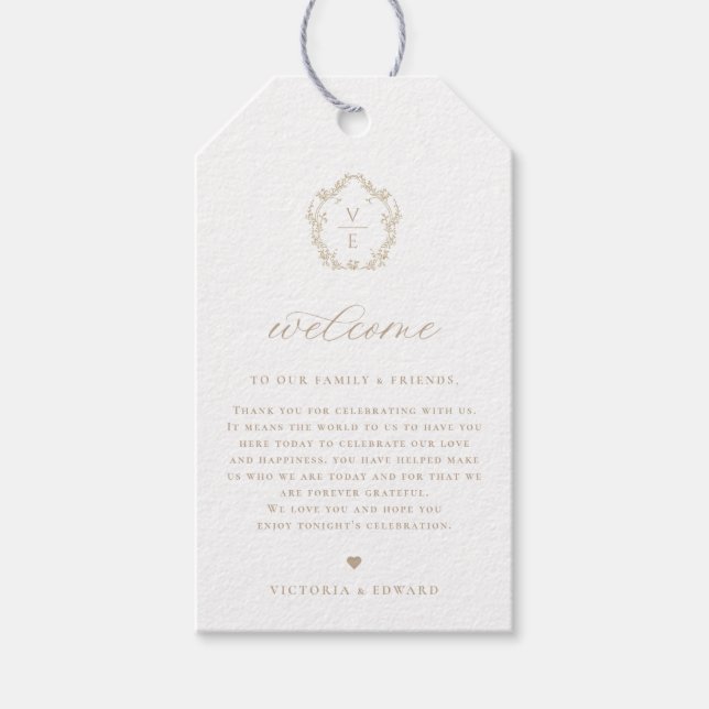 Étiquettes-cadeau Mariage en crête beige vintage Bienvenue (Devant)