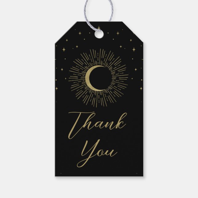 Étiquettes-cadeau Mariage étoiles noires et or soleil éclaté lune cé (Devant)