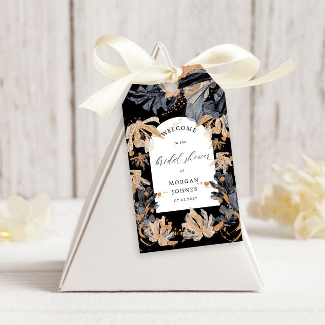 Étiquettes-cadeau Mariage exclusif doré et noir à motif floral (Créateur téléchargé)