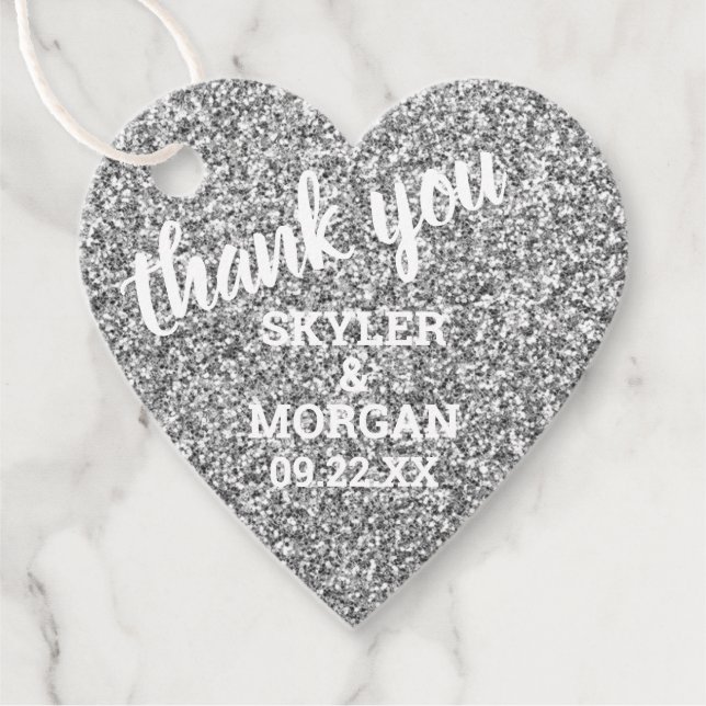 Étiquettes Cadeau Mariage Faux Parties scintillant Argent Élégant Me (Devant)