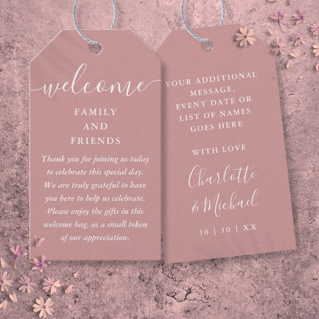 Étiquettes-cadeau Mariage Faveur Panier de bienvenue Rose Dusty (Wedding Favor Welcome Basket Bag Dusty Rose Gift Tags)