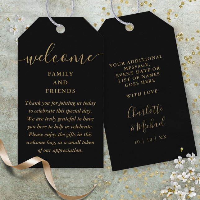 Étiquettes-cadeau Mariage Favoriser Panier De Bienvenue Sac Noir Et  (Wedding Favor Welcome Basket Bag Black And Gold Gift Tags)