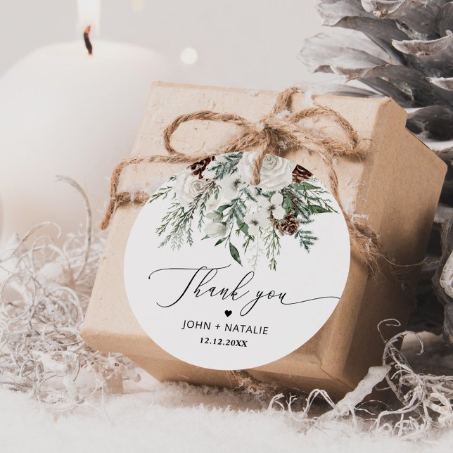 Étiquettes Cadeau Mariage feuillage festif hivernal evergeen (Créateur téléchargé)