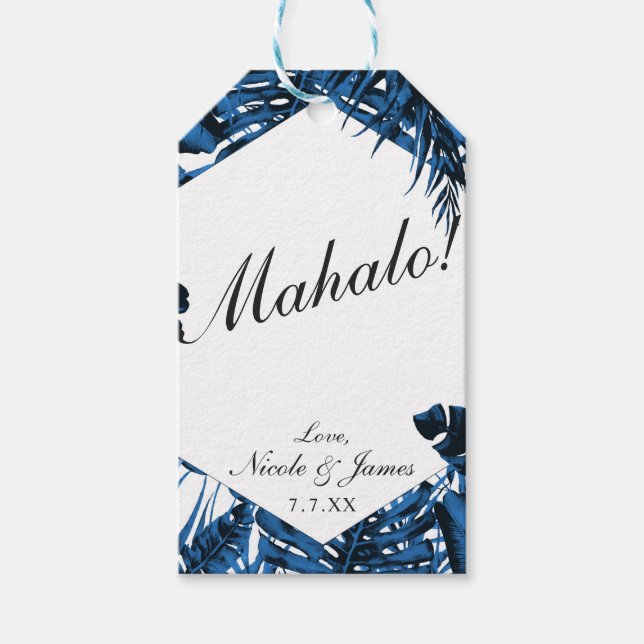 Étiquettes-cadeau Mariage Feuille  Denim Blue Tropical Palm (Devant)