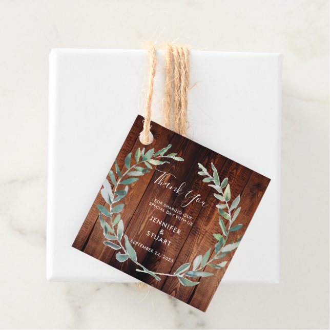 Étiquettes Cadeau Mariage feuille Merci en bois  (En situation)