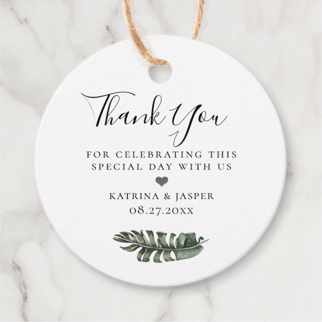 Étiquettes Cadeau Mariage Feuilles d'Île Tropiques Modernes (Devant)