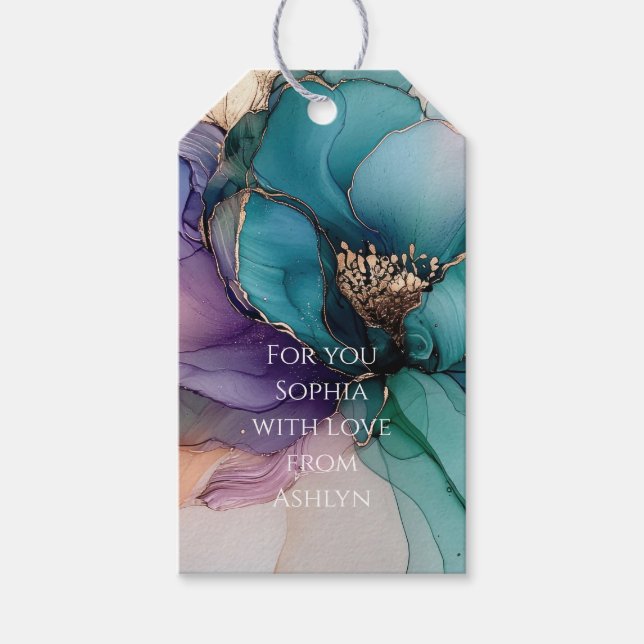 Étiquettes-cadeau Mariage Fleur Bleu Or Aqua Violet Shower (Devant)