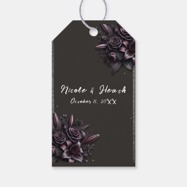 Étiquettes-cadeau Mariage Fleur Rose Lily Pourpre & Noir Baies (Devant)