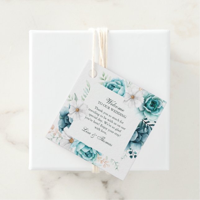 Étiquettes Cadeau Mariage Fleur sauvage turquoise et non blanc (En situation)
