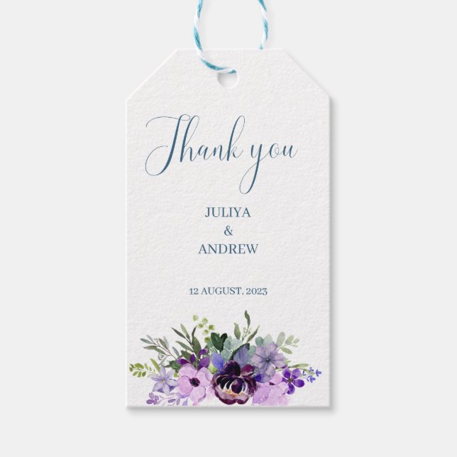 Étiquettes-cadeau Mariage fleuri violet merci (Devant)