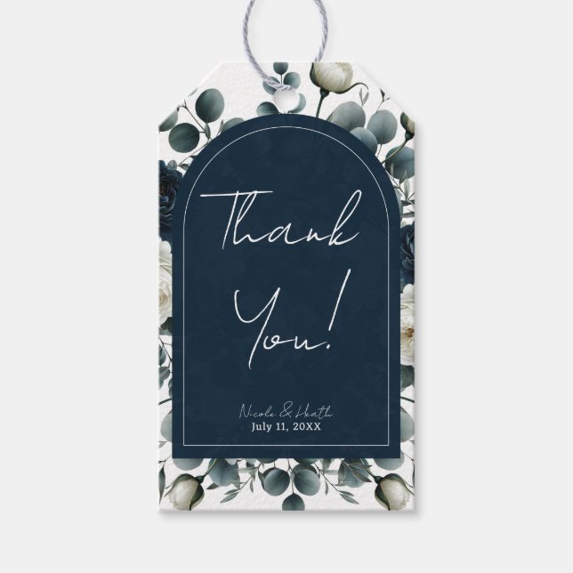 Étiquettes-cadeau Mariage Fleurie Moderne Bleu Foncé et Blanc (Devant)
