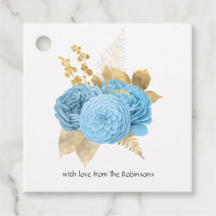 Étiquettes Cadeau Mariage Fleuris Bleu Pastel et Or