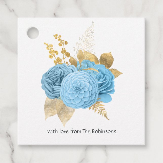 Étiquettes Cadeau Mariage Fleuris Bleu Pastel et Or (Devant)
