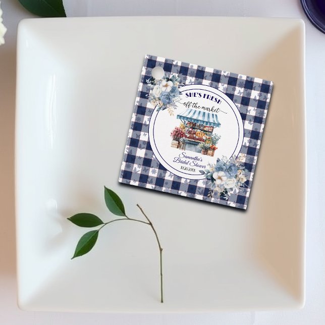 Étiquettes Cadeau Mariage Fleuris Gingham Bleu Hors du Marché (Créateur téléchargé)