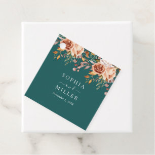 Étiquettes Cadeau Mariage floral à l'aquarelle sarcelle et terre cui