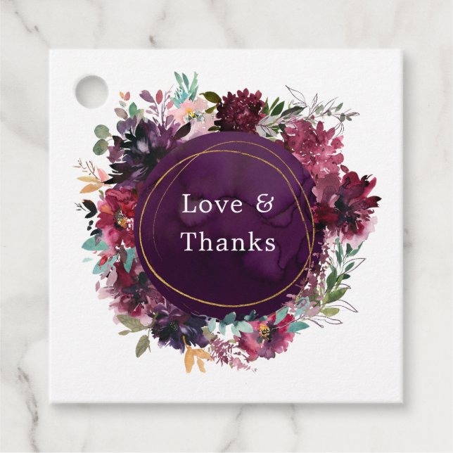 Étiquettes Cadeau Mariage floral aquarelle bordeaux prune violette (Devant)