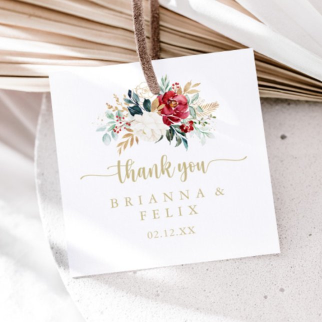 Étiquettes Cadeau Mariage Floral Blanc Burgundy Or Classique (Créateur téléchargé)