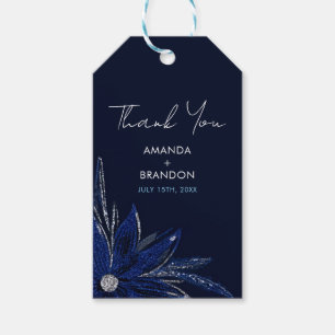 Étiquettes-cadeau Mariage floral bleu argenté et marine