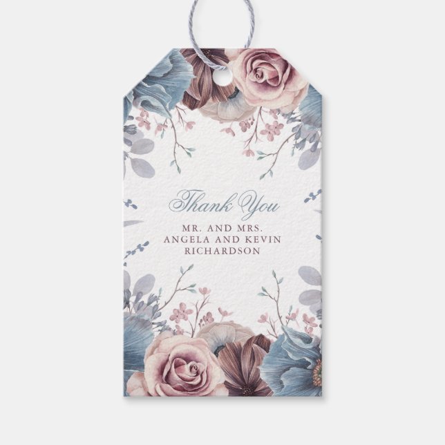 Étiquettes-cadeau Mariage floral bleu et mauve (Devant)