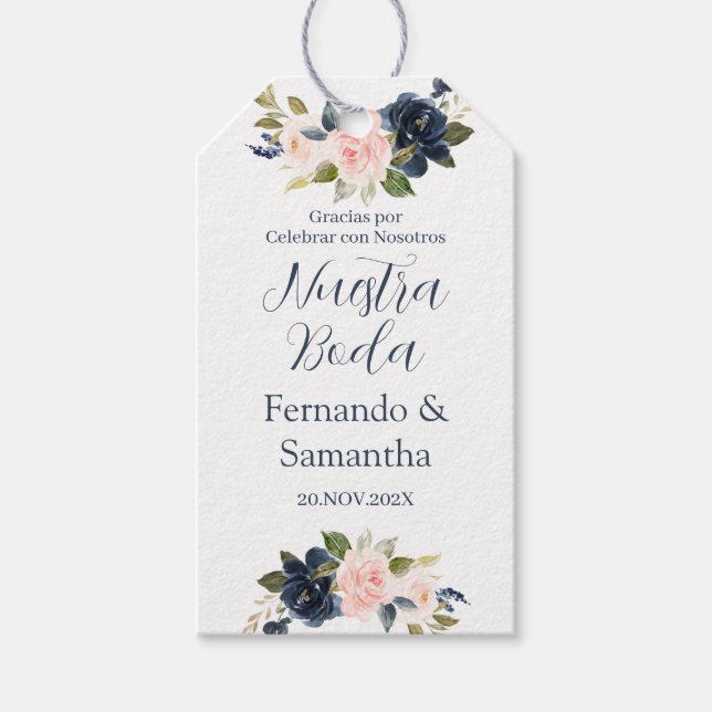 Étiquettes-cadeau Mariage floral bleu marine (Devant)