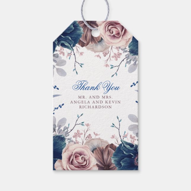 Étiquettes-cadeau Mariage floral bleu marine et mauve (Devant)