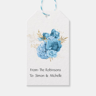 Étiquettes-cadeau Mariage floral bleu pastel et or