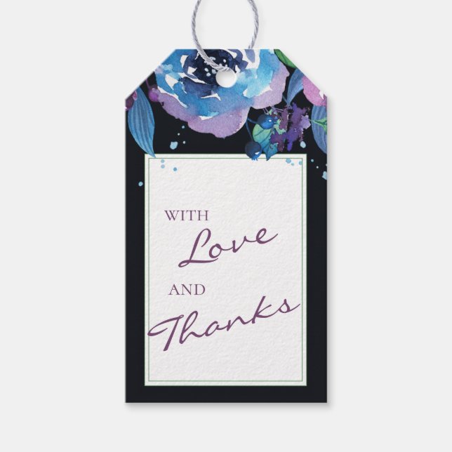 Étiquettes-cadeau Mariage floral bleu profond violet Moody Twilight (Devant)