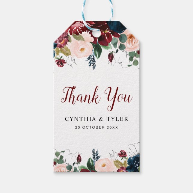 Étiquettes-cadeau mariage floral bordeaux et roux (Devant)