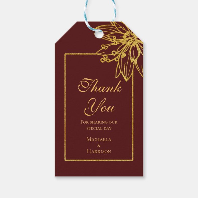 Étiquettes-cadeau Mariage floral Bourgogne et or Favoriser (Devant)