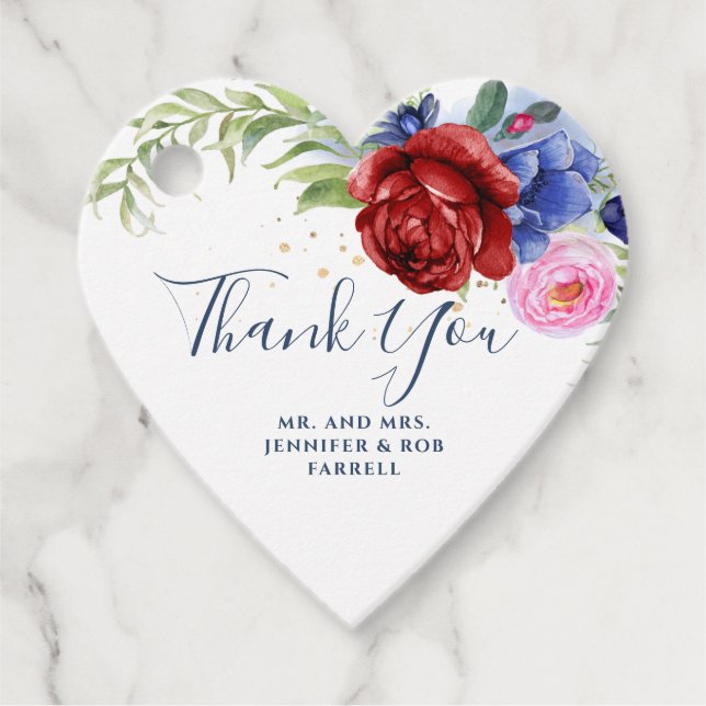 Étiquettes Cadeau Mariage floral de la marine bordeaux et blush (Devant)