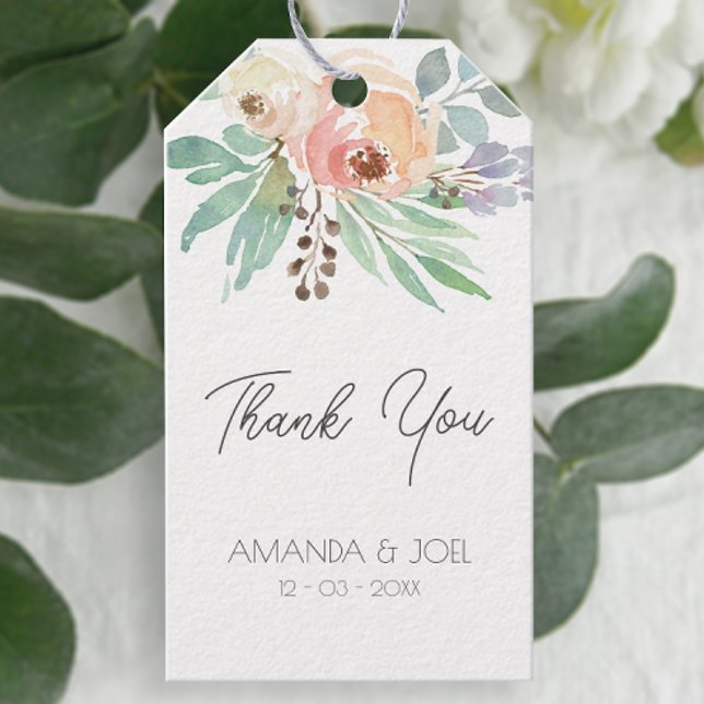 Étiquettes-cadeau Mariage floral de pêche (Easily personalize these pretty floral thank you tags with just a few clicks.)