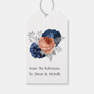 Étiquettes-cadeau Mariage floral en corail, bleu marine et argent