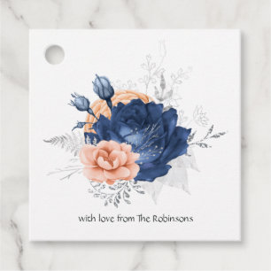 Étiquettes Cadeau Mariage floral en corail, marine et argent