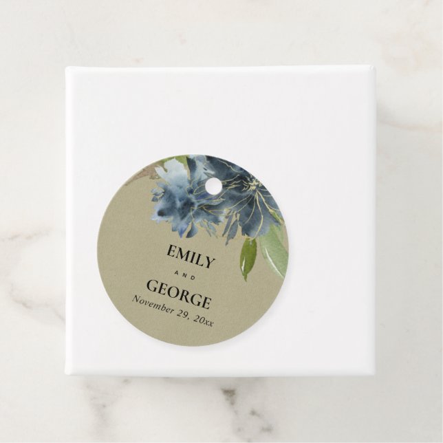 ÉTIQUETTES CADEAU MARIAGE FLORAL FLORAL BLUE GOLD KRAFT (En situation)